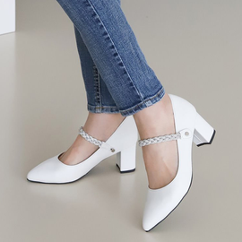 [GIRLS GOOB] Women's Comfortable Middle Chunky Heels, Dress Pointed Toe Stiletto, Strap Pumps, Synthetic Leather - Made in KOREA